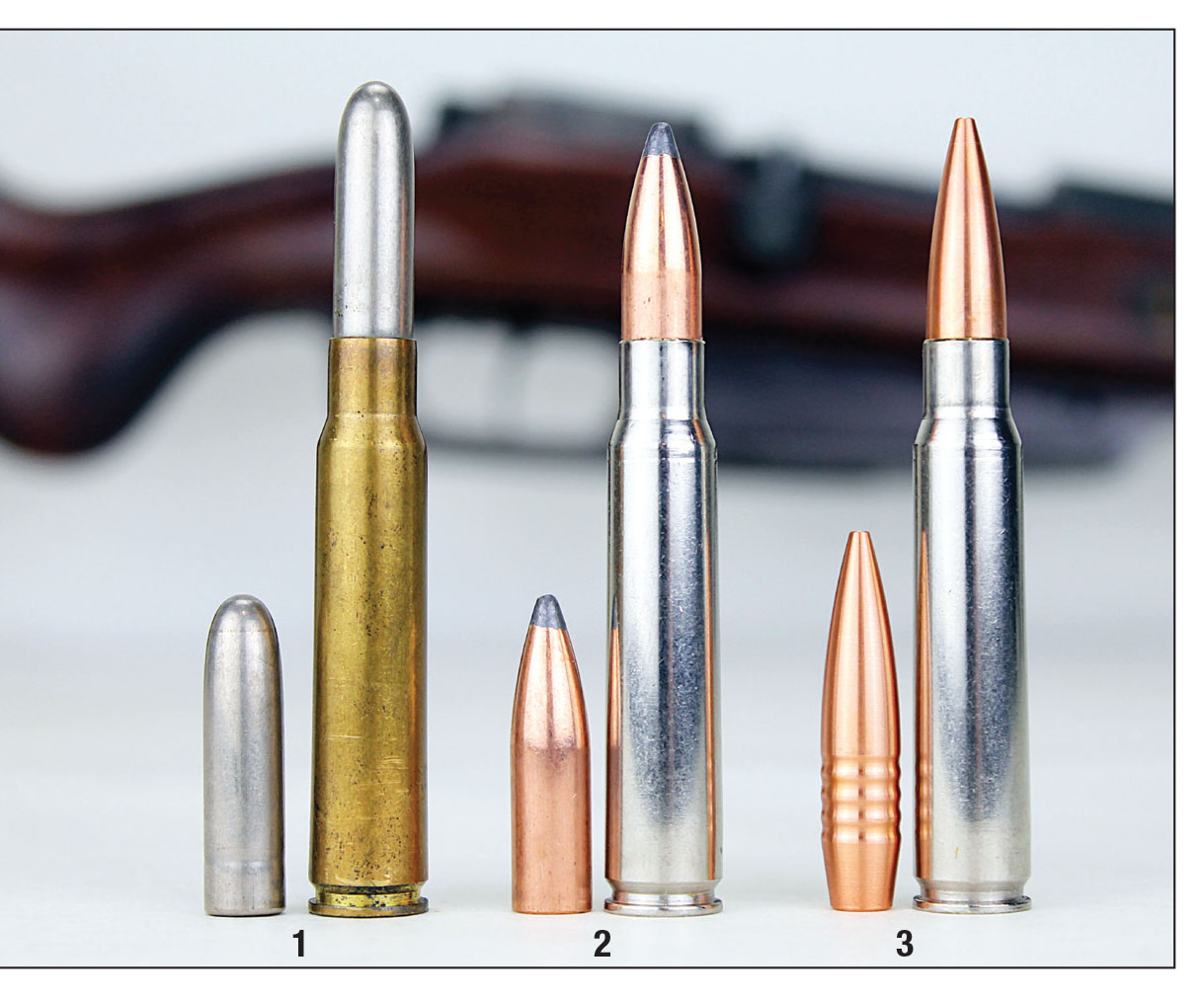 Shown here is an original 8x57J 227-grain roundnose bullet (1), with a 200-grain Buffalo Arms Co. bullet (2) and a 185-grain Hammer Hunter bullet (3).